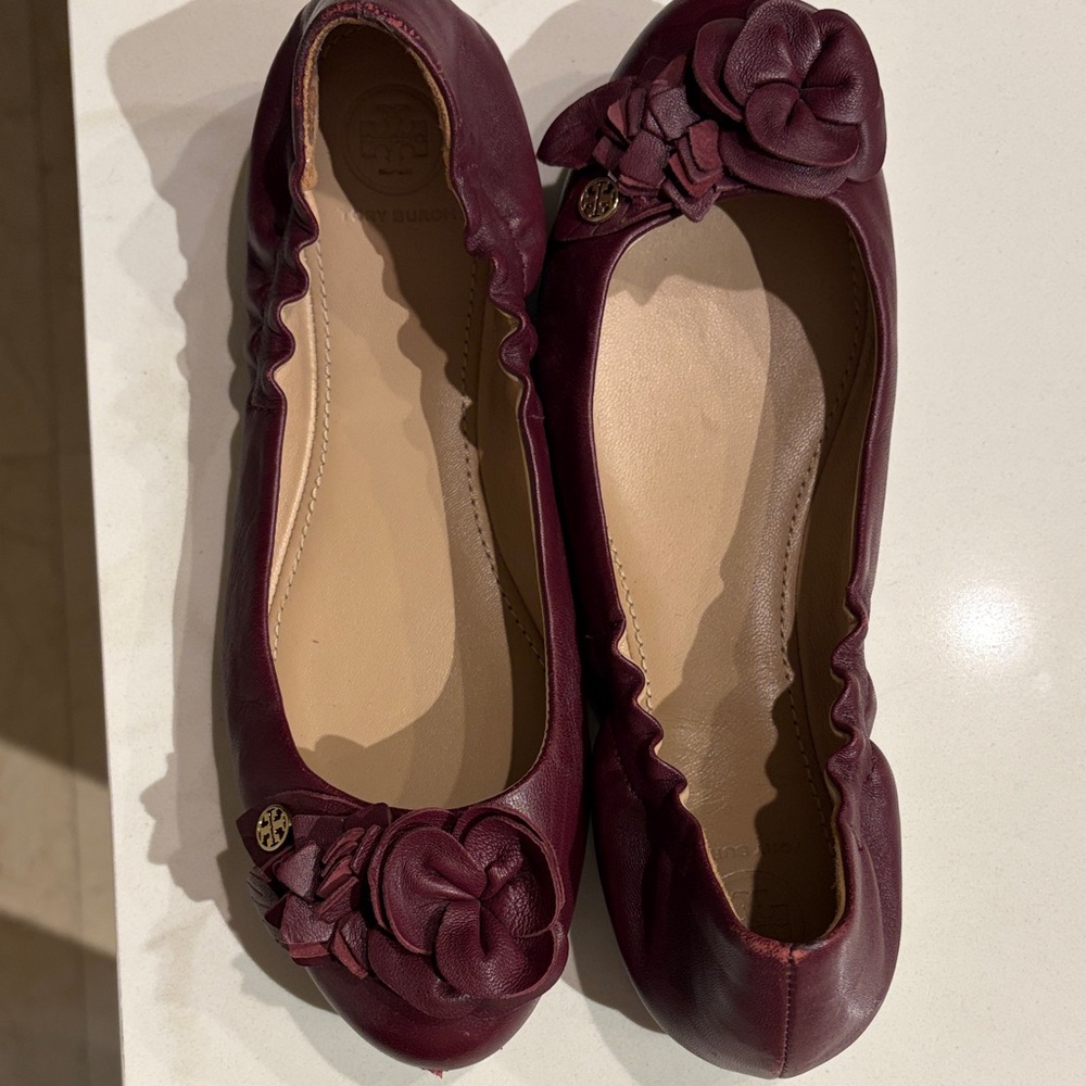 Tory Burch Burgundy Flats with Floral Detail